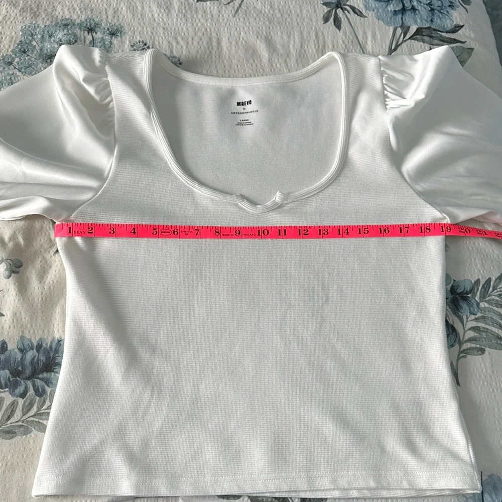 Anthropologie Maeve White Satin Puff Sleeve Top Size Large